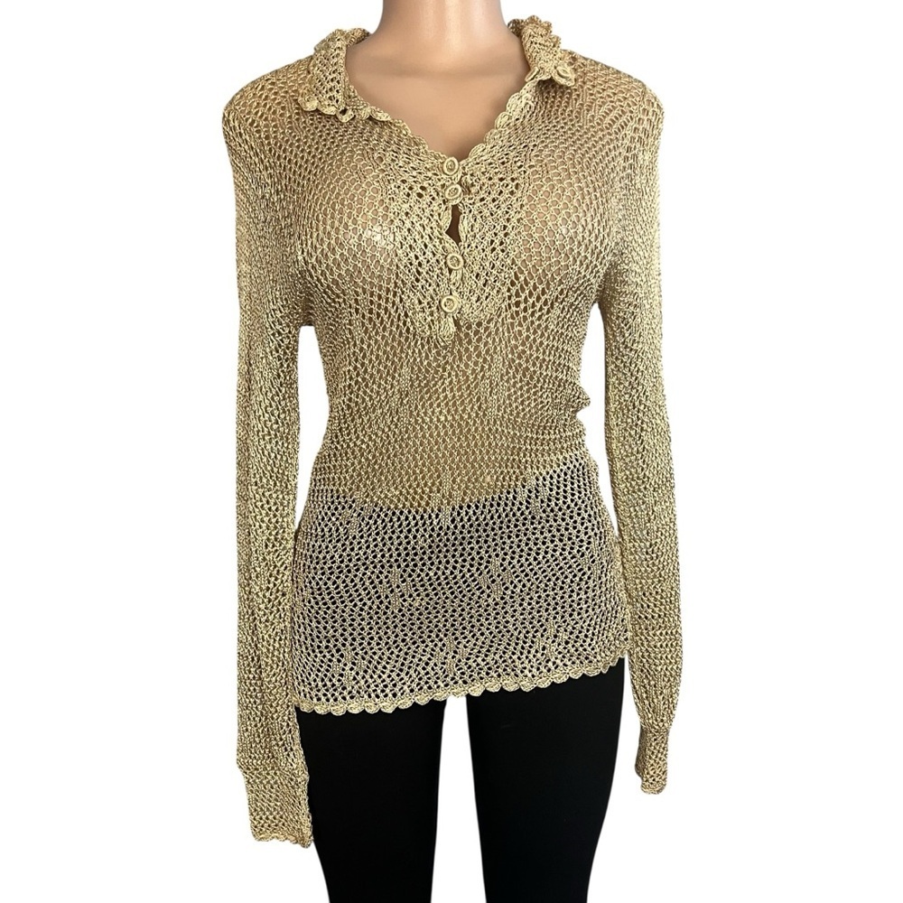 Y2K Brown Long Sleeve Crochet Knit Top